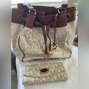 Mickael Kors Drawstring Monogram Leather Tote Bag and Wallet Brown Cream